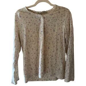 Vintage Jasmine Rose Floral Lace Trim Quarter Button Top- M Cottagecore Bohemian